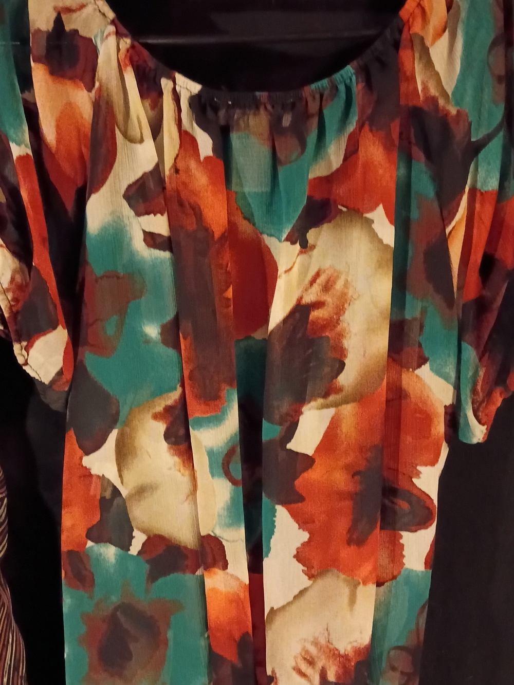 Floral Watercolor Peasant Top in Teal & Rust - Unbranded